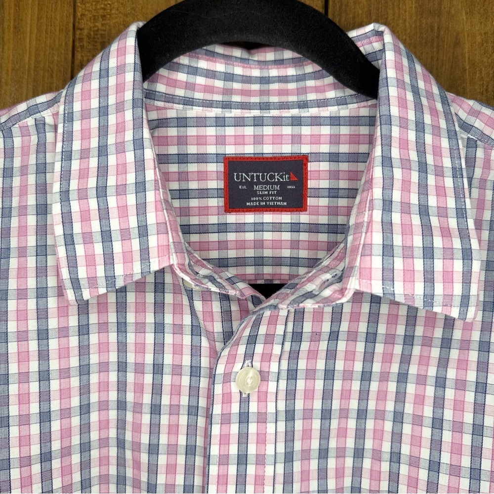Untuckit Slim Fit Pink Navy Plaid Long Sleeve Mens Button Down Shirt Siz…